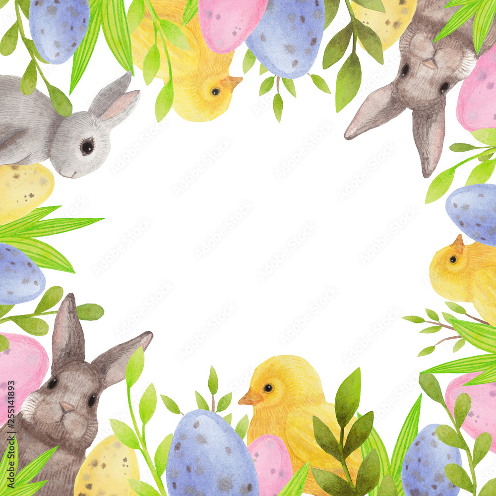 Easter watercolor frame. Hand painted holiday design with rabbits, colored eggs, plants on white background. Easter watercolor frame. Hand painted holiday design with rabbits, colored eggs, plants on white background.