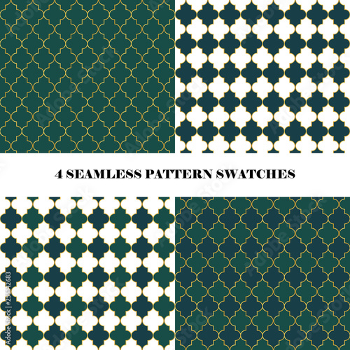 Vector set of 4 moroccan quatrefoil seamless repeat pattern swatches in golden and green colors. Textile/ fabric/ wallpaper design.