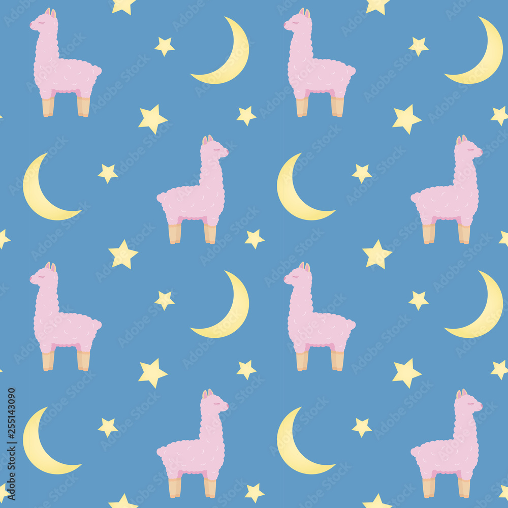 Seamless repeat pattern with cute pink fluffy lamas on blue background with stars and crescent moon. Textile design for children.