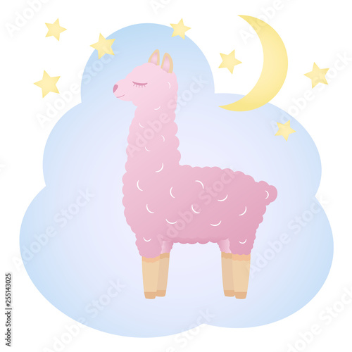 Hand drawn vector illustration of a cute pink fluffy llama with stars and crescent moon. 