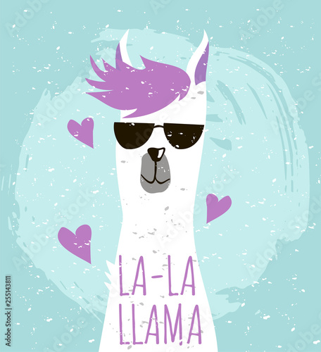 Cute llama vector illustration. Funny card with alpaca character.  Illustration for carts, posters. t-shirts