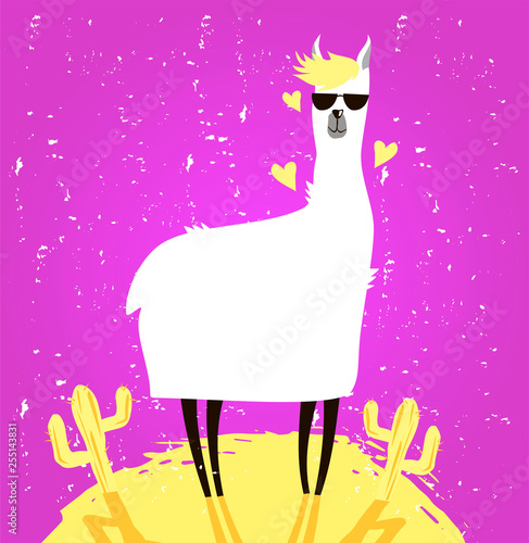 Cute llama vector illustration. Funny card with alpaca character.  Illustrati...