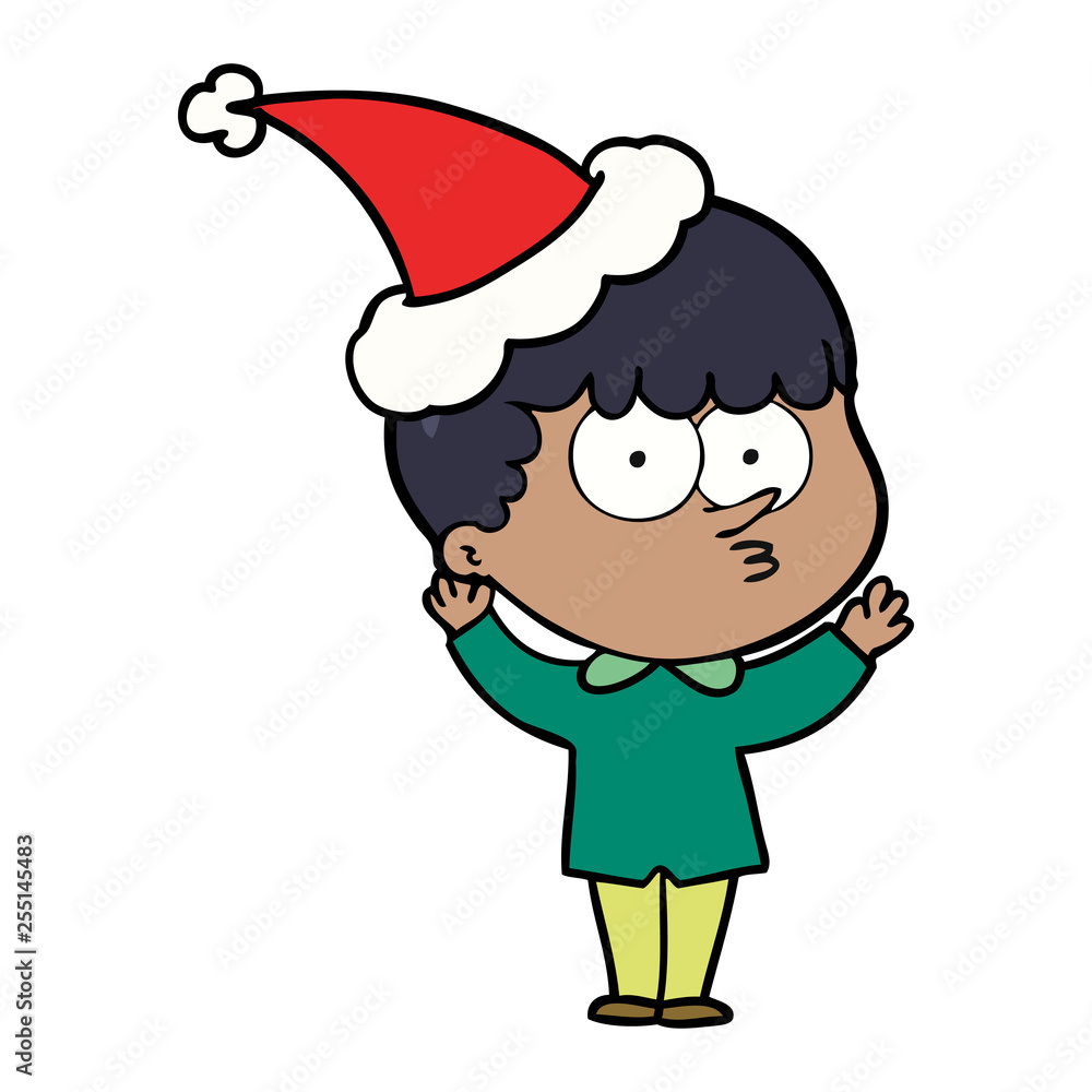 line drawing of a curious boy wearing santa hat line drawing of a curious boy wearing santa hat