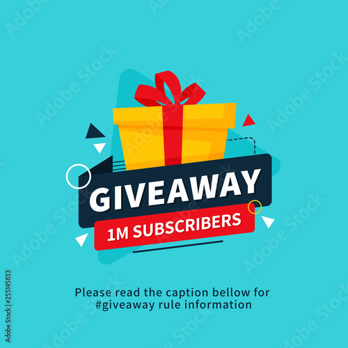Giveaway 1m subscribers poster template design for social media post or website banner. Gift box vector illustration with modern typography text style.