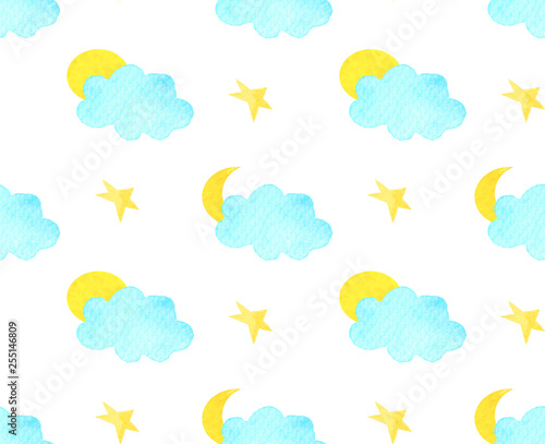 Seamless pattern yellow sun and moon behind a blue cloud and a yellow star for textiles, backgrounds, wallpapers.