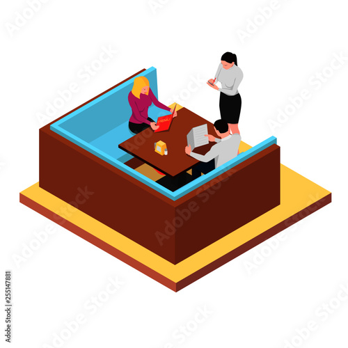Young couple look at the menu and make an order. The waiter writes an order in a notebook in isometric.
