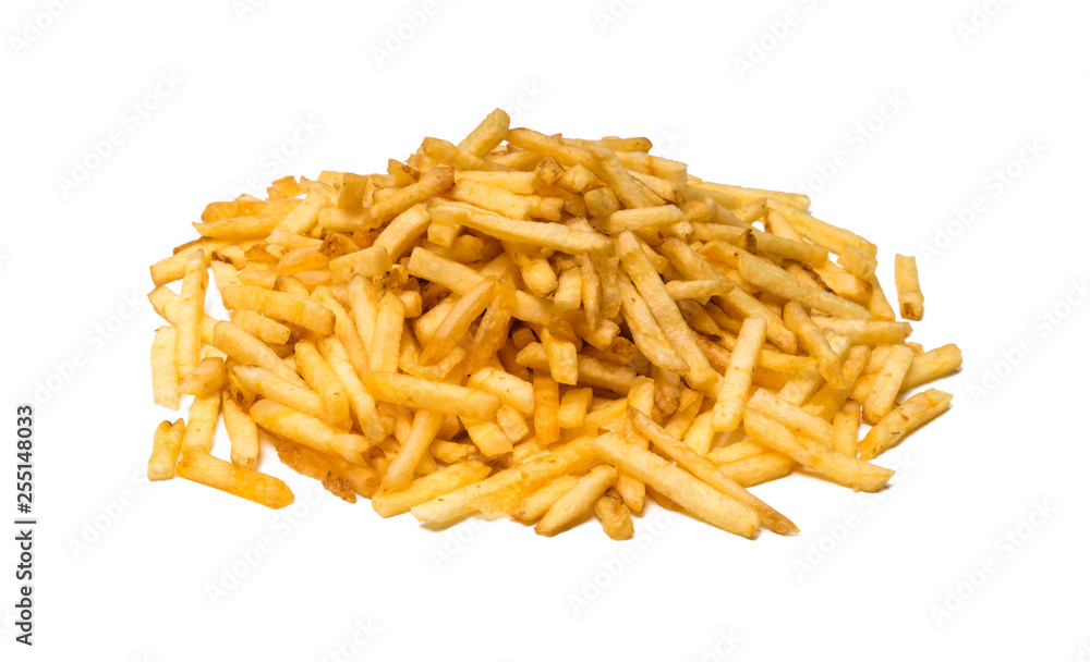 Small pile of french fries in close-up isolated on white background Small pile of french fries in close-up isolated on white background