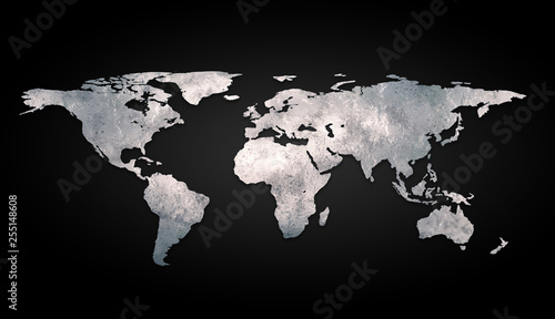 3d world map metal on black background