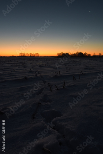 Winter, frosty morning in the village before dawn in the field. Footprints in the snow lead straight to the dawn .