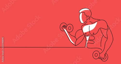 Muscular Man Workout with Barbell Sport and Activity Line art Drawing, Vector Illustration.