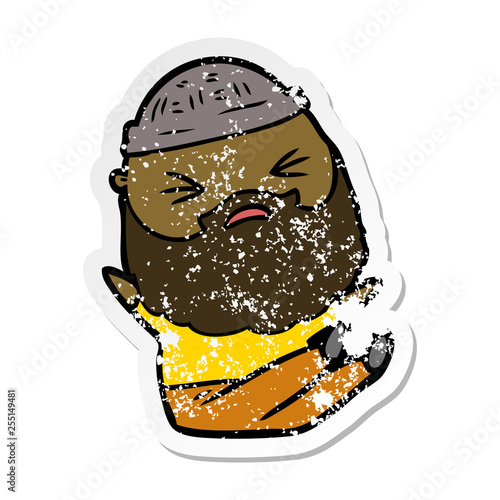 distressed sticker of a cartoon man with beard