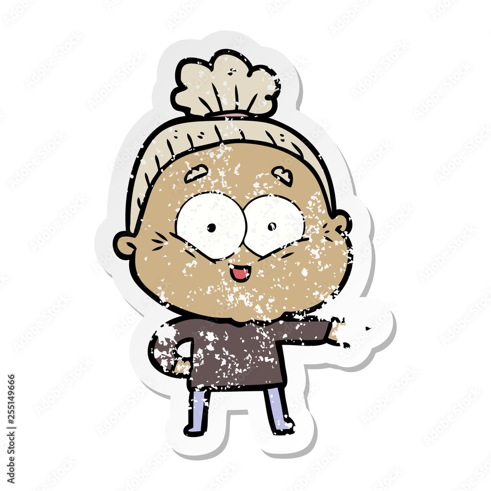 distressed sticker of a cartoon happy old woman distressed sticker of a cartoon happy old woman