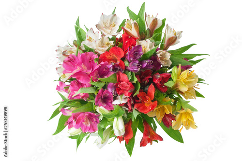 Multicolored alstroemeria flowers round bouquet on white background isolated closeup, lily flower bunches for holiday poster, decorative design element for greeting card, floral pattern, beauty banner photo