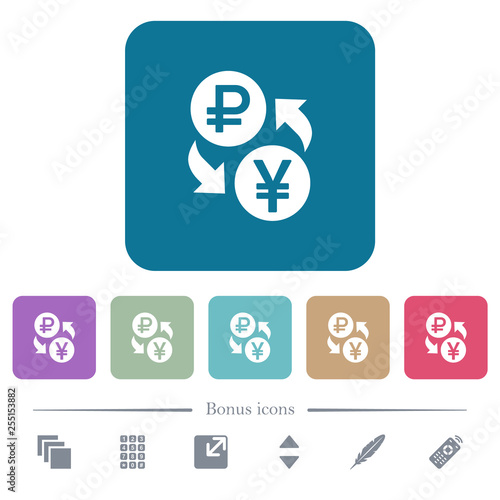 Ruble Yen money exchange flat icons on color rounded square backgrounds