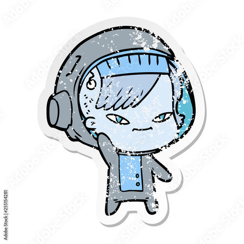 distressed sticker of a cartoon astronaut woman