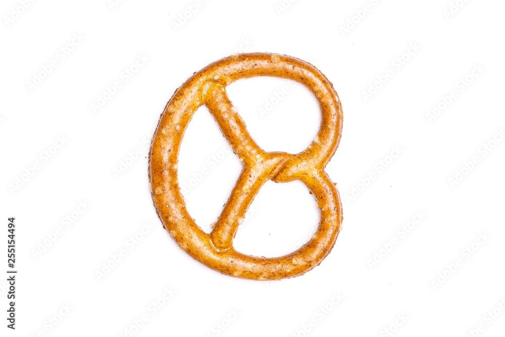 One whole mini salted pretzels flatlay isolated on white background One whole mini salted pretzels flatlay isolated on white background