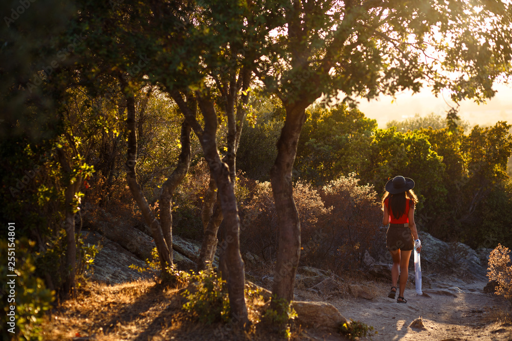 A young woman sitting back in amazing nature of Corsica island, France. Sunset background. Horizontal view. A young woman sitting back in amazing nature of Corsica island, France. Sunset background. Horizontal view.