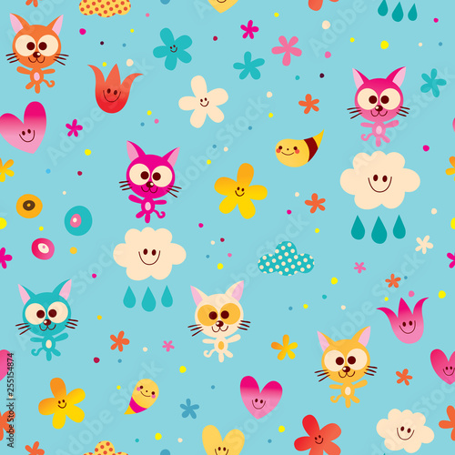 cute kittens clouds hearts and flowers seamless pattern