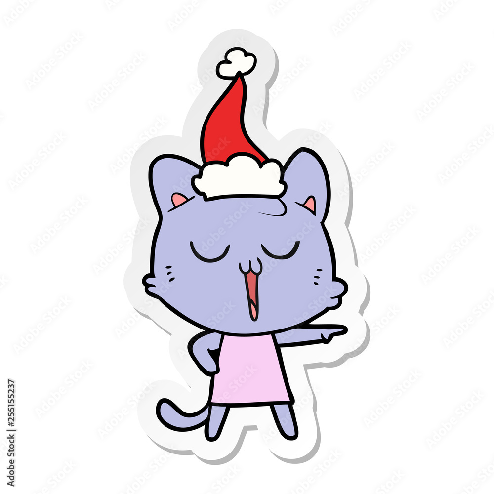 sticker cartoon of a cat singing wearing santa hat sticker cartoon of a cat singing wearing santa hat