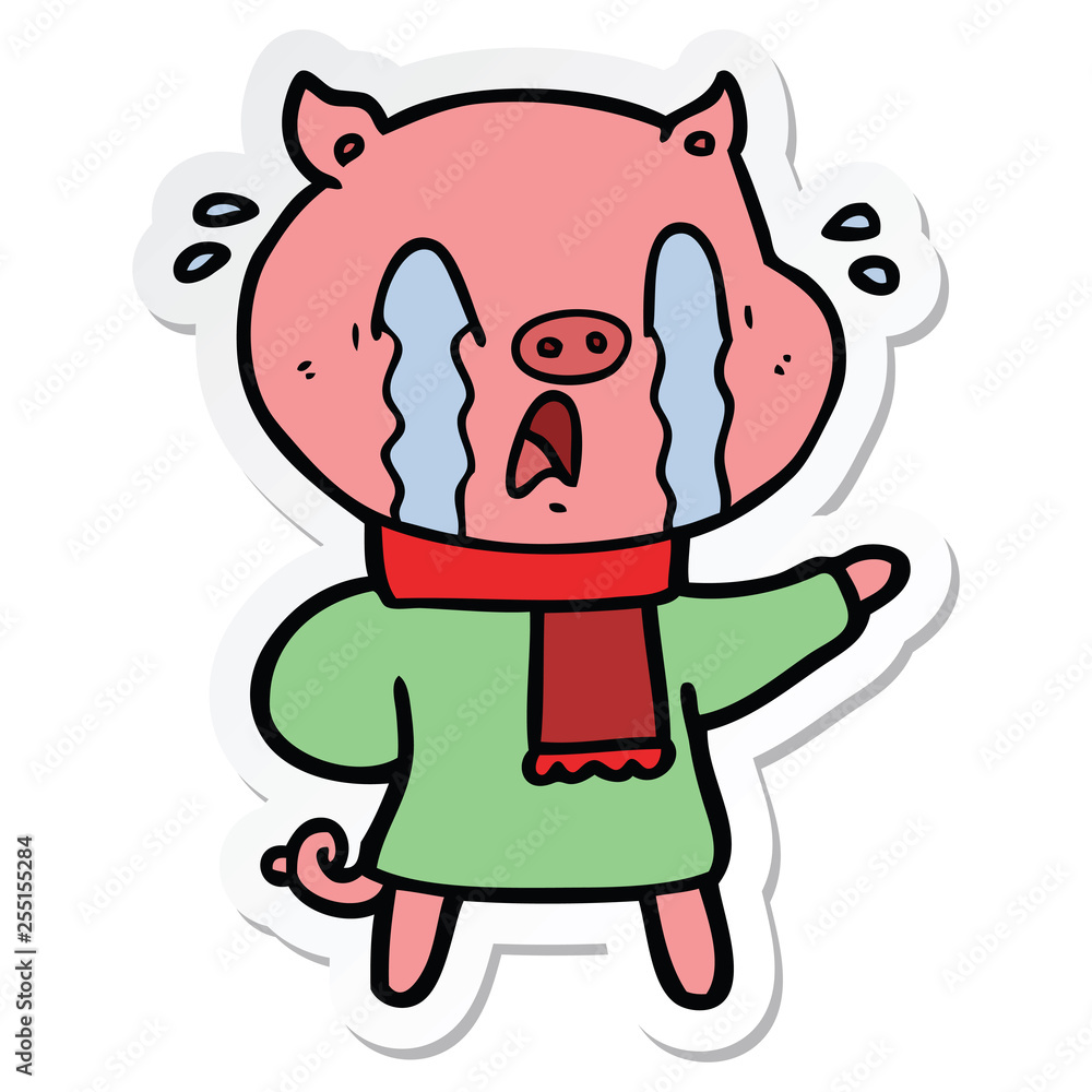 sticker of a crying pig cartoon wearing human clothes sticker of a crying pig cartoon wearing human clothes