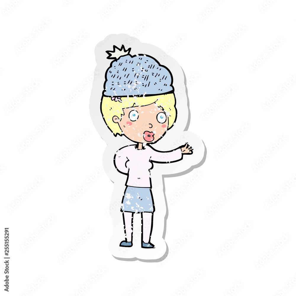 retro distressed sticker of a cartoon woman wearing winter hat retro distressed sticker of a cartoon woman wearing winter hat