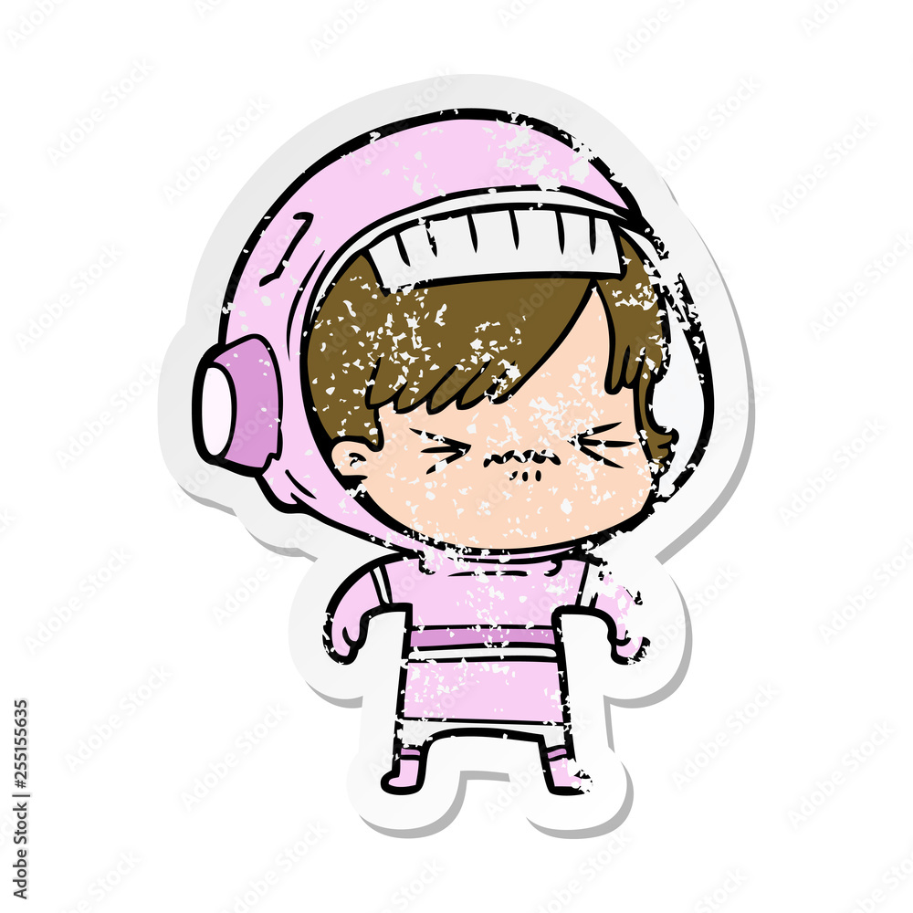 distressed sticker of a cartoon astronaut woman distressed sticker of a cartoon astronaut woman