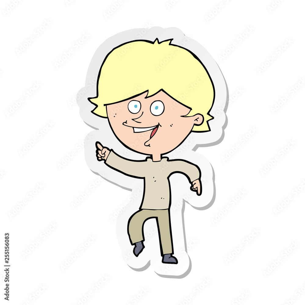 sticker of a cartoon happy pointing man