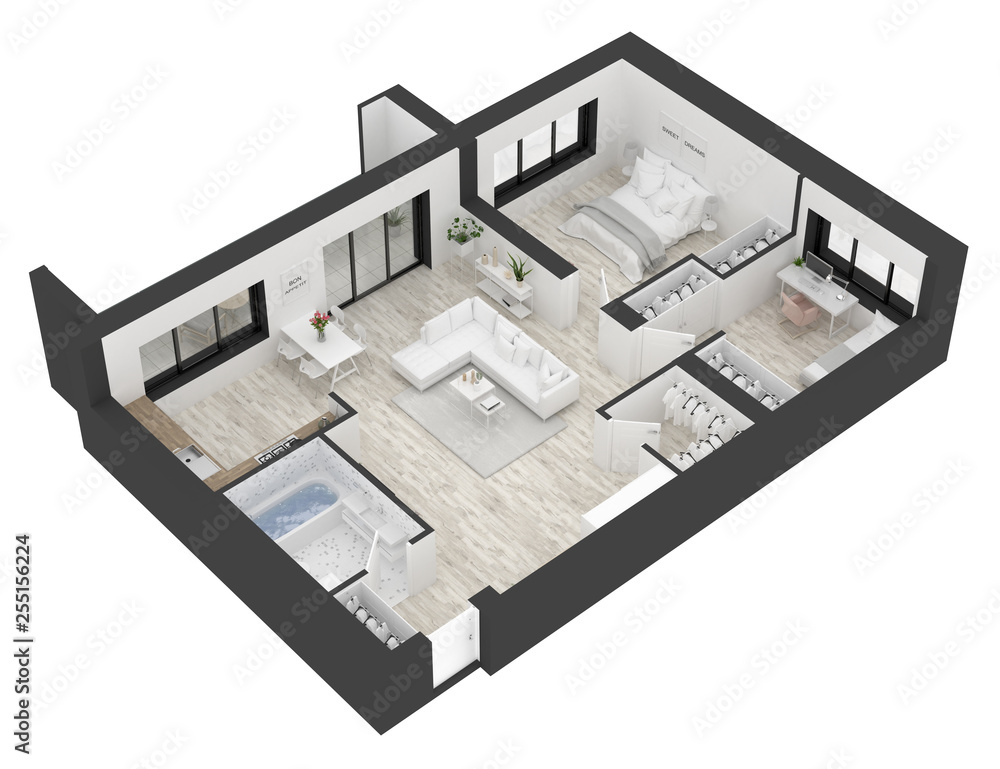 Floor plan of a home top view 3D illustration. Open concept living apartment layout