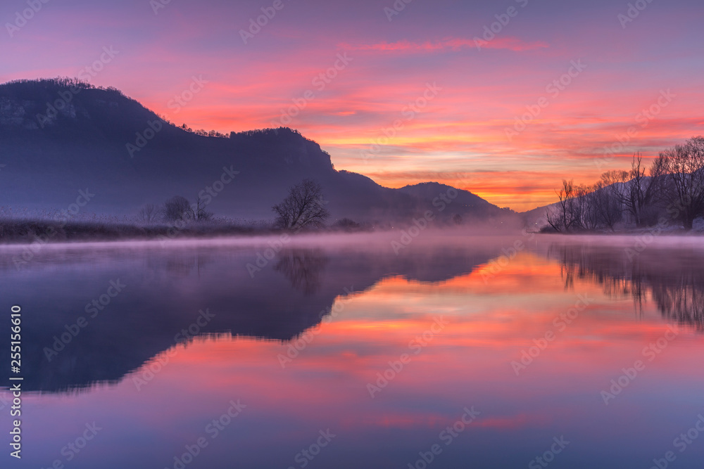Sunrise on Adda river, Airuno, Brianza, Lecco province, Lombardy, Italy, Europe Sunrise on Adda river, Airuno, Brianza, Lecco province, Lombardy, Italy, Europe