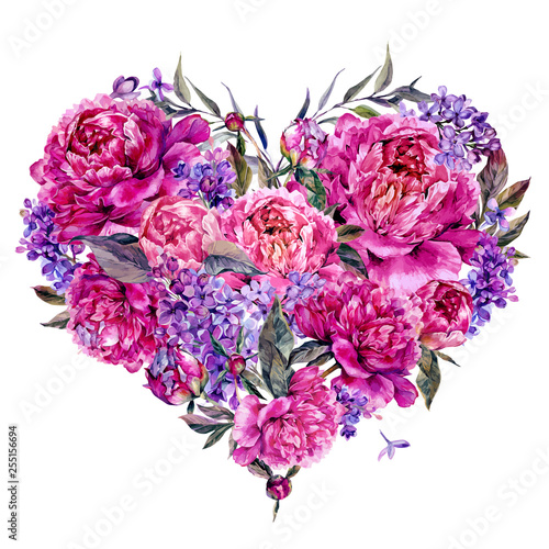 Watercolor Heart made of Peonies and Lilac