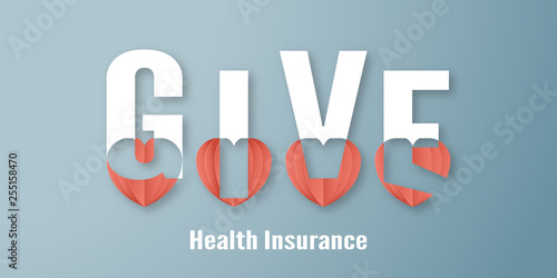 Vector illustration in concept of health insurance. Template design is on pastel blue background in 3D paper cut style.