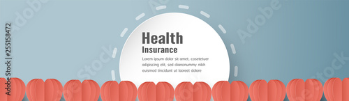 Vector illustration in concept of health insurance. Template design is on pastel blue background in 3D paper cut style.