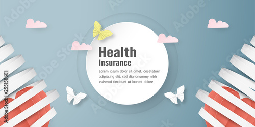 Vector illustration in concept of health insurance. Template design is on pastel blue background in 3D paper cut style.