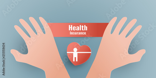Vector illustration in concept of health insurance. Template design is on pastel blue background in 3D paper cut style.
