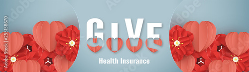 Vector illustration in concept of health insurance. Template design is on pastel blue background in 3D paper cut style.