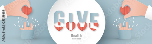 Vector illustration in concept of health insurance. Template design is on pastel blue background in 3D paper cut style.