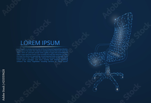 An abstract business particle chair on a dark background. The chair consists of geometric shapes. Vector illustration