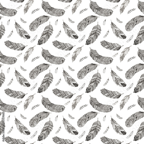 Seamless pattern with light feathers illustration on white.