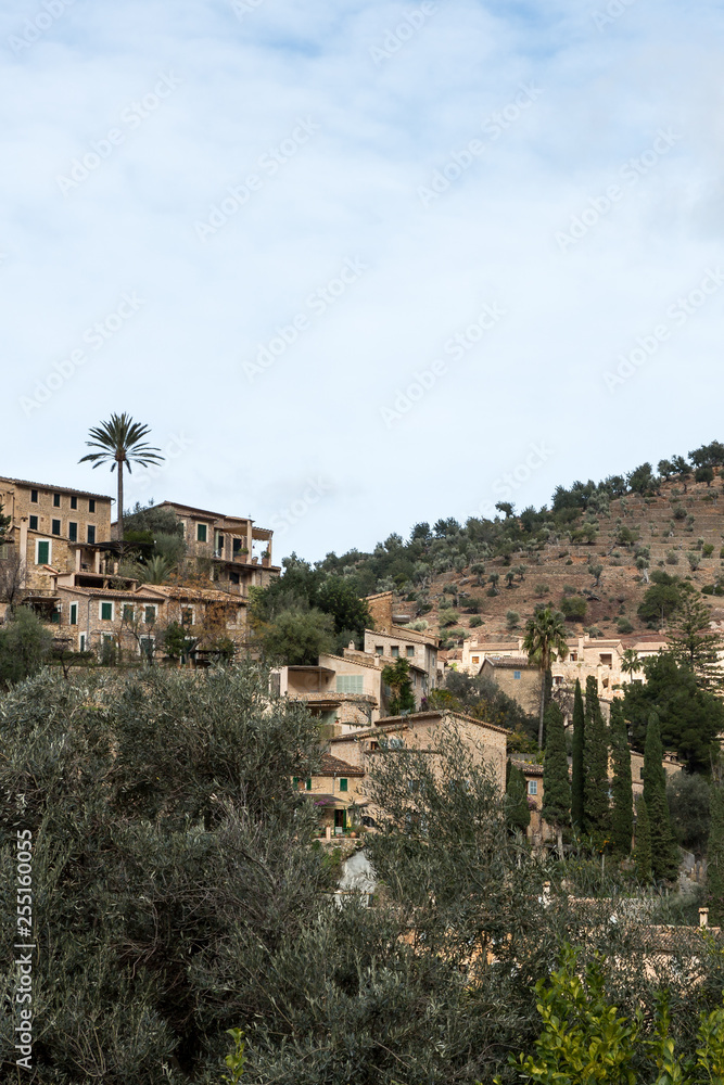 Blick auf das malerische Bergdorf Valldemossa auf der Baleareninsel Mallorca, hochkant