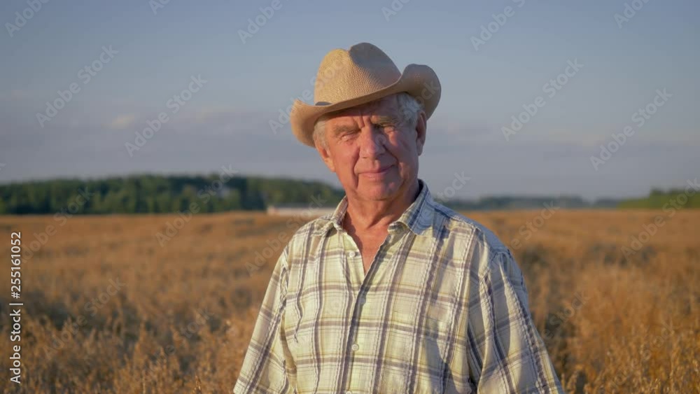 Portrait Of An Elderly Caucasian Man Farmer In Wheat Field At Sunset Portrait Of An Elderly Caucasian Man Farmer In Wheat Field At Sunset