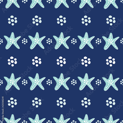 Coastal sea star seamless pattern; turquoise starfish on a navy blue background. Stylish design for beach wedding invitations, shore excursions, vacation holidays, textiles, resort fashion and paper.