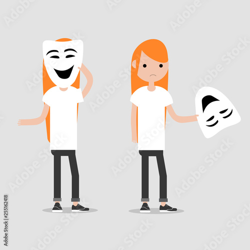 Young chacter in two variations holds happy mask.Hypocrisy,Flat cartoon design.Clip art photo