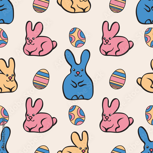Seamless pattern with cute bunnies and Easter eggs. Easter background. Vector EPS10