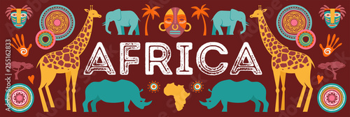 Africa banner  vector illustration of Safari  animals  tribal symbols