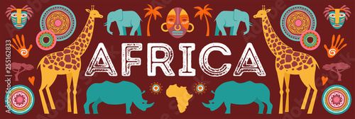 Africa banner, vector illustration of Safari, animals, tribal symbols