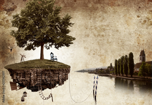 Fantasy landscape, flooting island with tree