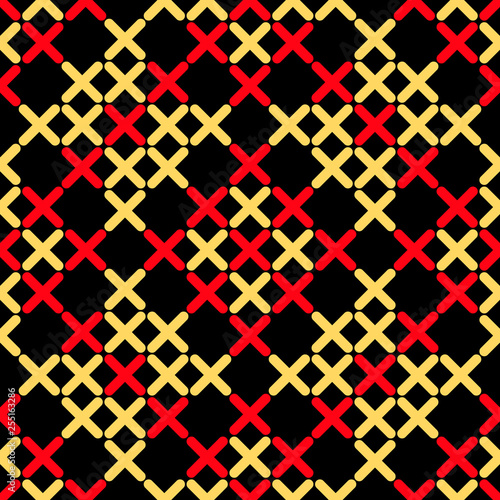 Seamless pattern with ethnic geometric ornament on a black background.