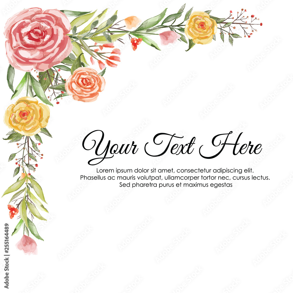 Watercolor Flowers Floral Design Arrangement for Wedding and Greeting Card with Red, Orange, Yellow Flowers and Green Leaves for Vector Square Romantic Design Ideas