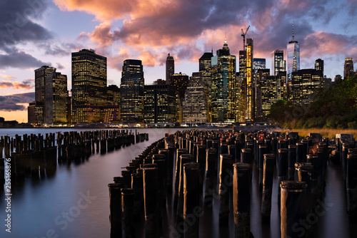 Brooklyn NY / USA - OCT 29 2018: Lower Manhattan skyline at sunset view from Brooklyn Bridge Park