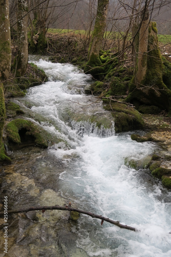 Naklejka premium Wasser fließt über Felsen im Brühlbach in Bad Urach 